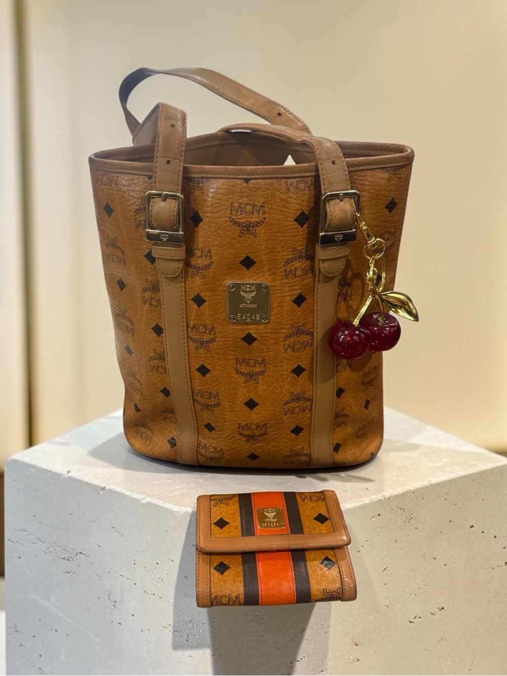 Autentic MCM Cognac Visetos Bucket Tote with free key chain and MCM wallet